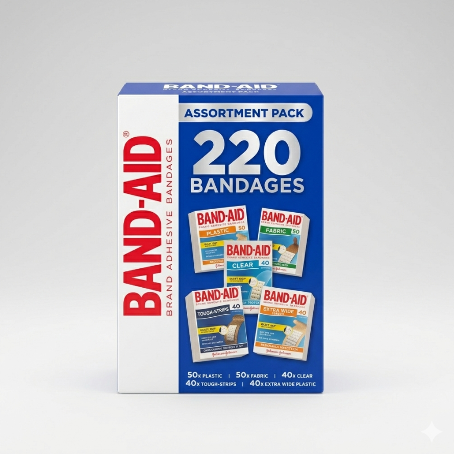 Band-aid Assortment Pack 220 Count (50 x Plastic, 50 x Fabric, 40 x Clear, 40 x Tough Strips, 40 x Extra-Wide Plastic)